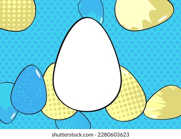 Comic Book White Easter on pastel green, yellow and blue background. Comics abstract holiday backdrop. Retro pop art style poster.
