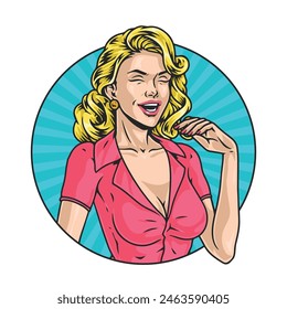 Comic book woman colorful vintage sticker with laughing blonde inside round frame in magazine style from past vector illustration