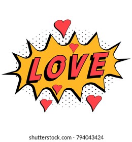 Comic book word love with hearts pop art style with halftone background, vector Comic speech bubble with expression text love, bright dynamic cartoon illustration in retro pop art style