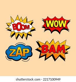 Juego de palabras de libro de historietas: Boom, Wow, Zap, Bam. Nube de diálogo de historietas con estilo de dibujos animados.