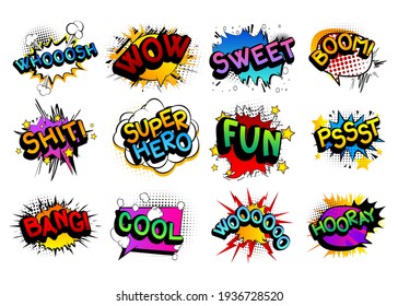 Comic Book Word Set: Whooosh, Wow, Sweet, Boom, Shit, Super Hero, Fun, Pssst, Bang, Cool, Woooooo, Hooray. Comics Speech Bubble Template Collection. Cartoon Style Comic Dialog Cloud. Pop Art Explosion