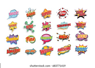 comic book words set. nice bam super love game over star you sweet surprise hey thanks fine superb bingo look amazing bye welcome awesome good. Pop art retro vector illustration