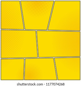 Comic book yellow blank background with empty frames and halftone effects. Vector illustration