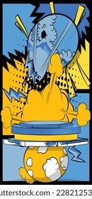Comic book yellow and blue product podium banner. Pop Art Stage for presentation. Comics business advertising background. Retro platform, marketing display backdrop.