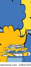 Comic book yellow and blue product podium banner. Pop Art Stage for presentation. Comics business advertising background. Retro platform, marketing display backdrop.