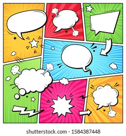 Comic books dialog bubbles. Cartoon book superhero scrapbook page template, empty comical speech clouds, graphic art frame vector layout template illustration. Pop art background with blank balloons