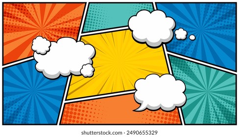 Comic books dialog bubbles. Cartoon book superhero scrapbook page template, empty comical speech clouds, graphic art frame layout template illustration. Pop art background with blank balloons