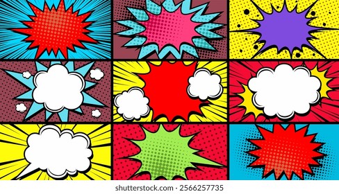 Comic books dialog bubbles. Cartoon book superhero scrapbook page template, empty comical speech clouds, graphic art frame layout template illustration. Pop art background with blank balloons