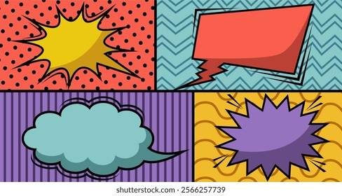 Comic books dialog bubbles. Cartoon book superhero scrapbook page template, empty comical speech clouds, graphic art frame layout template illustration. Pop art background with blank balloons