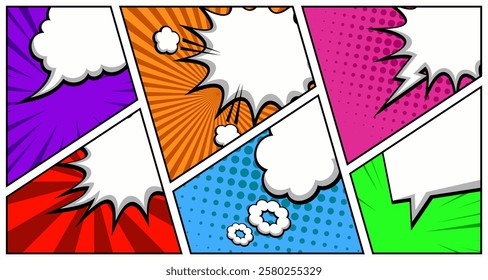 Comic books dialog bubbles. Cartoon book superhero scrapbook page template, empty comical speech clouds, graphic art frame layout template illustration. Pop art background with blank balloons