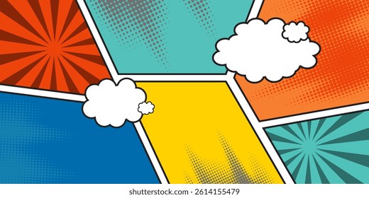 Comic books dialog bubbles. Cartoon book superhero scrapbook page template, empty comical speech clouds, graphic art frame layout template illustration. Pop art background with blank balloons