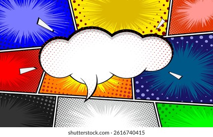Comic books dialog bubbles. Cartoon book superhero scrapbook page template, empty comical speech clouds, graphic art frame layout template illustration. Pop art background with blank balloons
