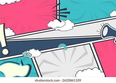 Comic books dialog bubbles template, social media and banner for digital marketing, pop art cartoon layout template