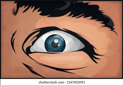 Comic Books Man Eyes Scared/
Illustration Of A Cartoon Comic Male Eye Watching And Staring At You With Scare And Grunge Textured