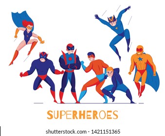 Comic books video computer games superheroes flat composition poster with super man and wonder woman vector illustration