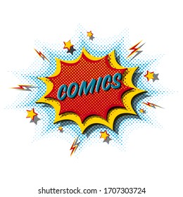 A comic book-style explosion on a white background. Cartoon explosion with lightning and stars. Stock vector.