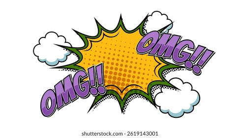Comic book-style vector illustration featuring dialogue bubbles with text such as OMG on white background