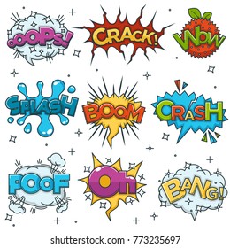 Comic boom, bang wow speech bubble cloud explode cartoon vector icons