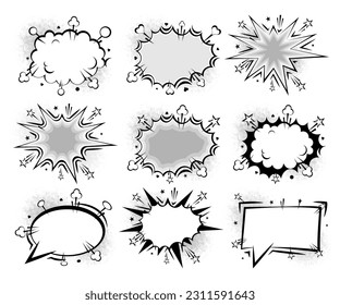 Burbujas De Cómic Boom. Explosiones de caricatura divertidas nubes cómicas de habla, cómics, burbujas de pensamiento. El concepto de burbujas emocionales de historietas. Elementos de texto gráfico de conversación. Ilustración vectorial.