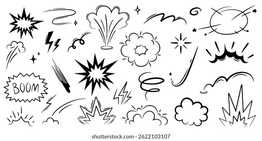 Comic boom burst, explosive smoke. speed line cartoon vector icon. Cartoon effect, boom explosive motion line element set. Hand drawn sketch doodle action effect. 