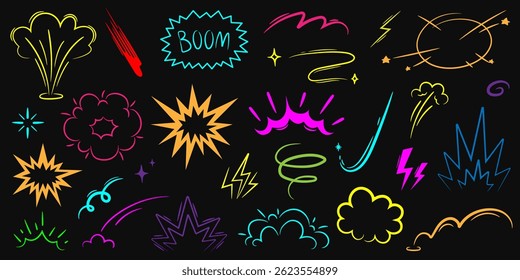 Explosión del auge del cómic, humo explosivo. icono de Vector de dibujos animados colorido de la línea de velocidad sobre fondo oscuro. Efecto de dibujos animados, juego de elementos de línea de movimiento explosivo. Dibujado a mano dibujo doodle. 