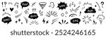 Comic boom cartoon effect line element set. Comic speech bubble pow, boom text, explosive splash smoke, wow cartoon vector icon. Hand drawn sketch doodle explosive element. Vector illustration.