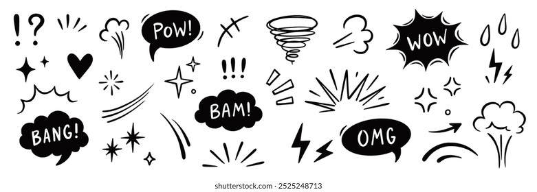 Conjunto de elementos de linha de efeito de desenho animado. Bolha de fala cômica pow, texto boom, fumaça explosiva splash, wow ícone de vetor de desenhos animados. Esboço desenhado à mão rabiscar elemento explosivo. Ilustração vetorial.