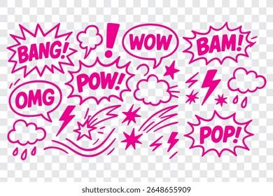Comic-Boom Cartoon Effekt Linie Element Set. Comic-Sprechblasen-Pow, Boom-Text, explosiver Splash-Rauch, Wow-Cartoon, Vektorsymbol. Handgezeichnete Skizze doodle explosive Element. Vektorgrafik