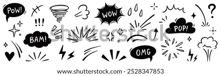 Comic boom cartoon effect line element set. Comic speech bubble pow, boom text, explosive splash smoke, wow cartoon vector icon. Hand drawn sketch doodle explosive element. Vector illustration.