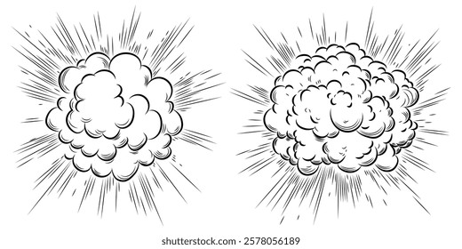Comic boom effect. Cartoon. Bang and pow splashes. Hand drawn sketch doodle action effect.