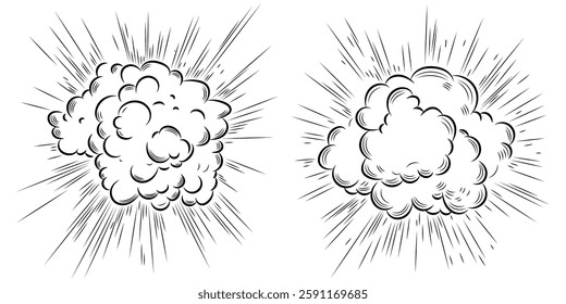 Comic boom effect. Cartoon. Bang and pow splashes. Hand drawn sketch doodle action effect.