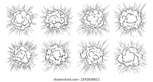 Comic boom effect. Cartoon. Bang and pow splashes. Hand drawn sketch doodle action effect.