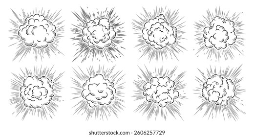 Comic boom effect. Cartoon. Bang and pow splashes. Hand drawn sketch doodle action effect.