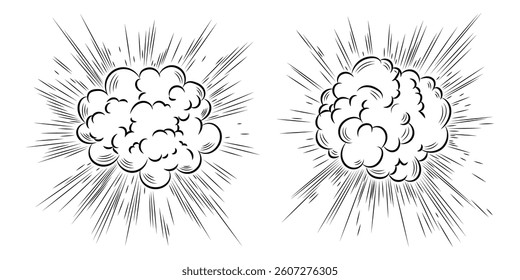 Comic boom effect. Cartoon. Bang and pow splashes. Hand drawn sketch doodle action effect.