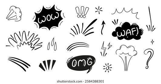 comic boom effects in a continuous line art style. Includes speech bubbles with Pow and