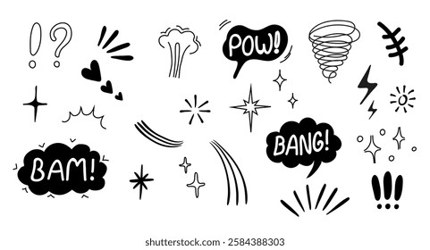 comic boom effects in a continuous line art style. Includes speech bubbles with Pow and