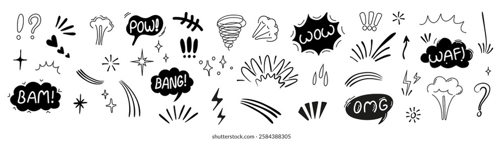 comic boom effects in a continuous line art style. Includes speech bubbles with Pow and