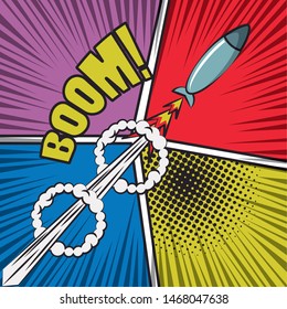 Comic BOOM explosion bubbles with rocket cartoon on colorful background ,vector illustration.
