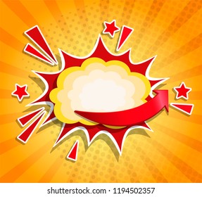 Comic Boom frame in retro pop art style on sunburst background. Sign of explosion, sticker tag, special offer label, advertising badge, banner. Vector illustration.