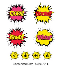 Comic Boom, Wow, Oops sound effects. Business icons. Human silhouette and lamp bulb idea signs. Dollar money bag and gear symbols. Speech bubbles in pop art. Vector