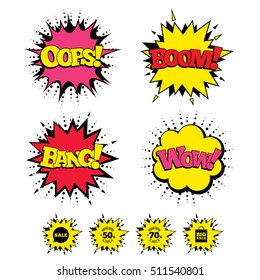 Comic Boom, Wow, Oops sound effects. Sale speech bubble icon. 50% and 70% percent discount symbols. Big sale shopping bag sign. Speech bubbles in pop art. Vector