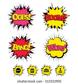 Comic Boom, Wow, Oops sound effects. Sale speech bubble icon. Black friday gift box symbol. shopping bag. First month free sign. pop art Vector