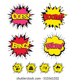 Comic Boom, Wow, Oops sound effects. Birthday party icons. Cake, balloon, hat and muffin signs. Fireworks with rocket symbol. Double decker with candle. Speech bubbles in pop art. Vector