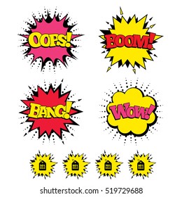Comic Boom, Wow, Oops sound effects. Sale price tag icons. Discount special offer symbols. 50%, 60%, 70% and 80% percent sale signs. Speech bubbles in pop art. Vector