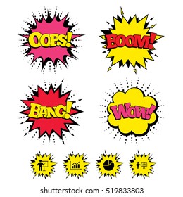 Comic Boom, Wow, Oops sound effects. Diagram graph Pie chart icon. Presentation billboard symbol. Supply and demand. Man standing with pointer. Speech bubbles in pop art. Vector
