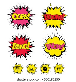Comic Boom, Wow, Oops sound effects. Diagram graph Pie chart icon. Presentation billboard symbol. Supply and demand. Man standing with pointer. Speech bubbles in pop art. Vector