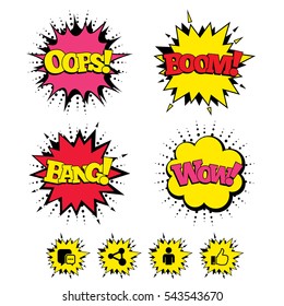 Comic Boom, Wow, Oops sound effects. Social media icons. Chat speech bubble and Share link symbols. Like thumb up finger sign. Human person profile. Speech bubbles in pop art. Vector