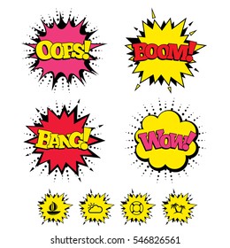 Comic Boom, Wow, Oops sound effects. Travel icons. Sail boat with lifebuoy symbols. Cloud with sun weather sign. Palm tree. Speech bubbles in pop art. Vector