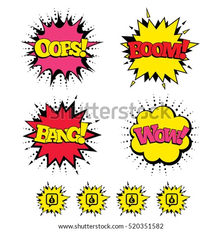 Comic Boom, Wow, Oops sound effects. Money bag icons. Dollar, Euro, Pound and Yen speech bubbles symbols. USD, EUR, GBP and JPY currency signs. Speech bubbles in pop art. Vector