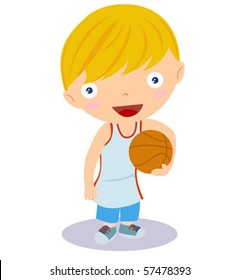 Comic boy and basketball and a basket